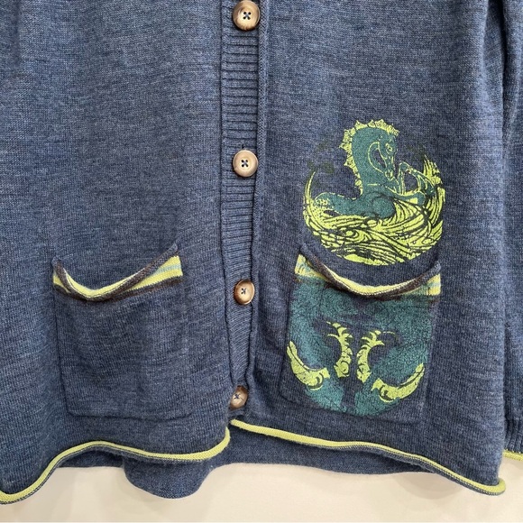 Vintage Y2K Title Nine 100% Washable Wool Cardigan Sweater Blue Horse Print L - Picture 3 of 9
